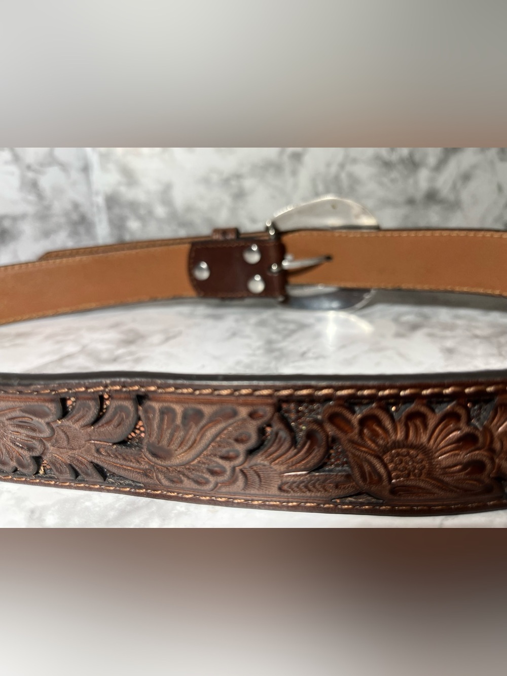 Nocona Brown Tooled Leather Belt with Ornate Silver Buckle - Picture 7 of 12